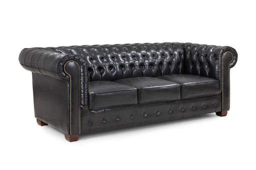 Chesterfield Leather 3 Seater - Black - Couchek