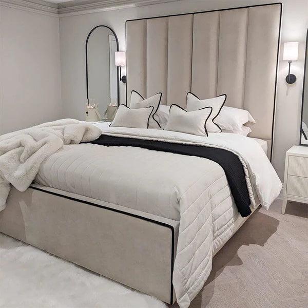 Mercer Cream Velvet Luxury Panelled Bed with Black Borders - Couchek
